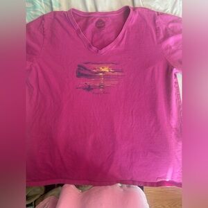 Life Is Good Bright Pink V‑Neck Tee with Sunset Graphic